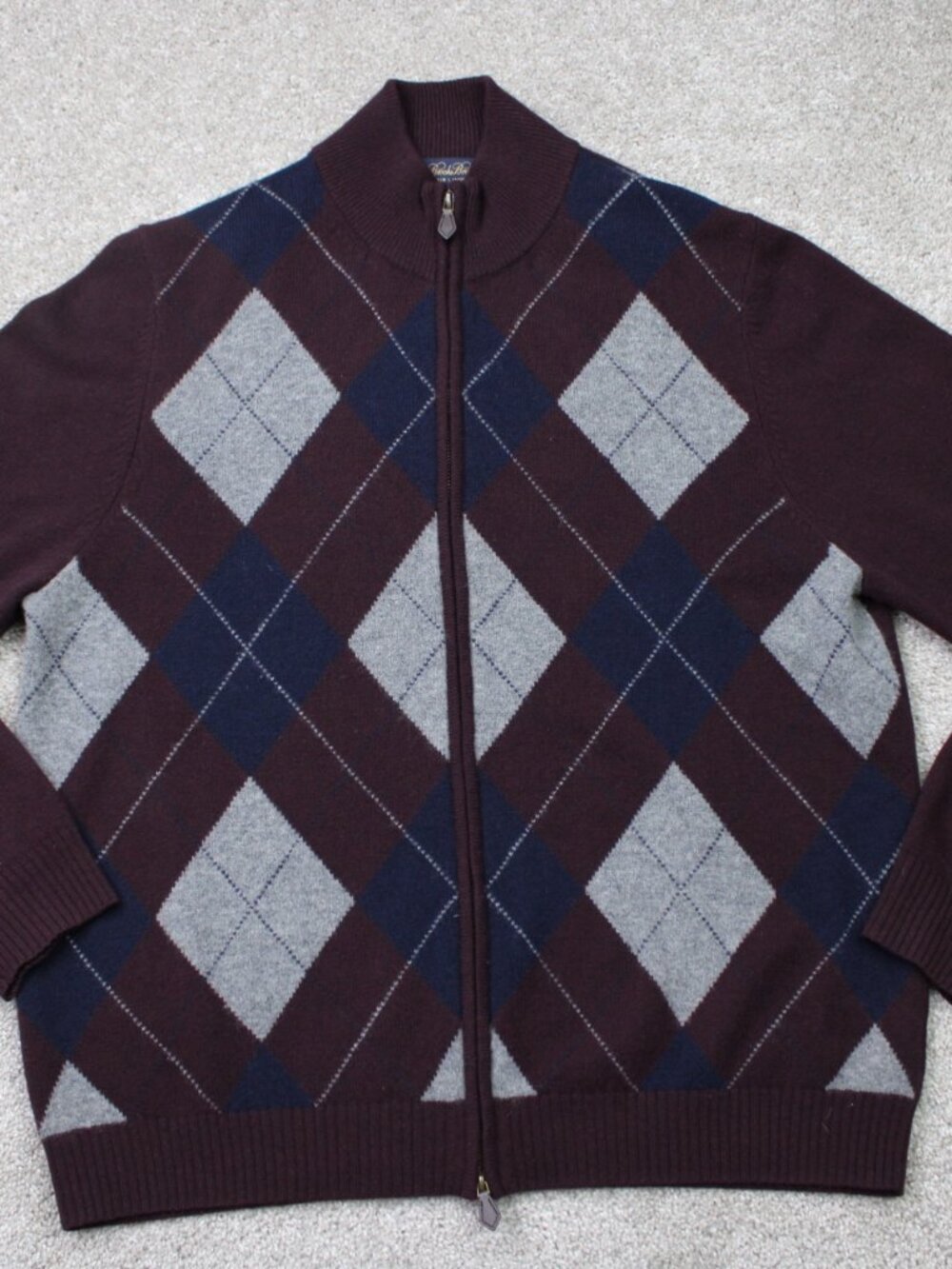 Brooks Brothers Sweater Mens Large Red/Blue Argyle Scottish Lambswool Full Zip